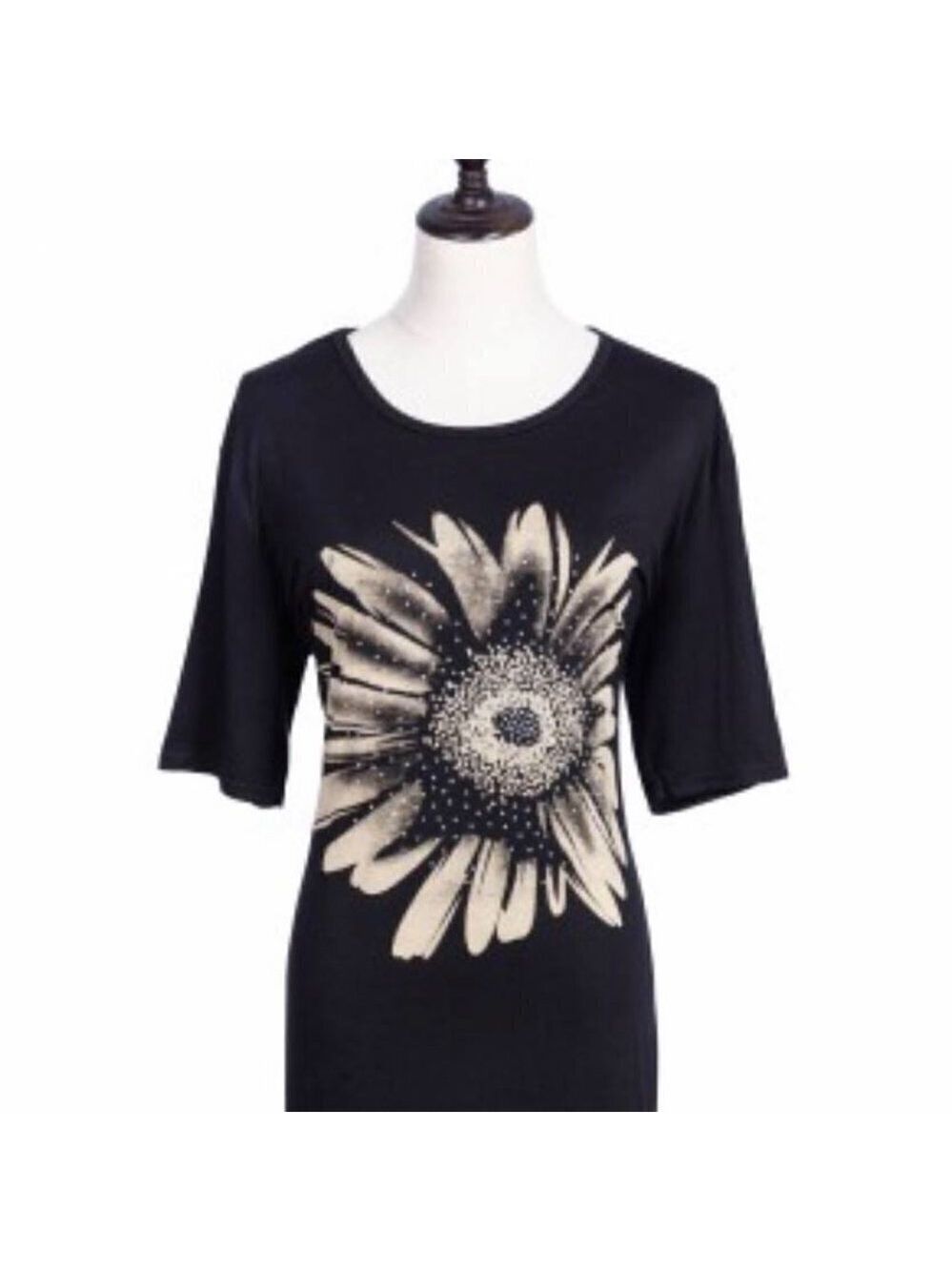 TRÏBE Sunflower Print Black 3/4 Sleeve Cotton Tee With Rhinestone Detail Size OS